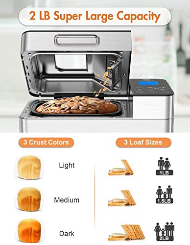 image for MOOSOO Bread Maker with Automatic Fruit/Nut Dispenser, 2LB 18-in-1 Sta