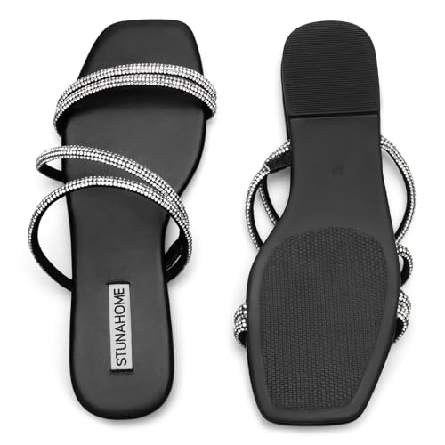 Image of STUNAHOME Women's Rhinestone Thong Flat Sandals Open Toe Slide Sandals with Square Toe Bling Strap