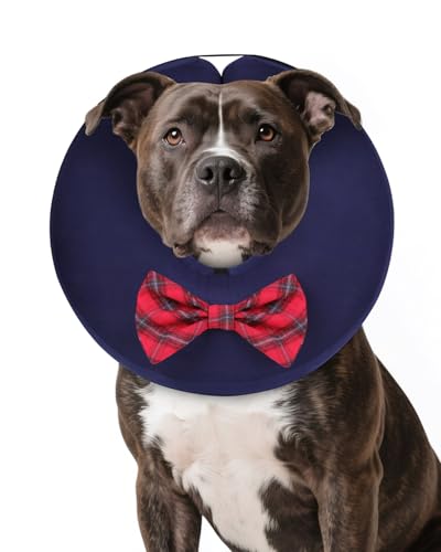 Image of MIDOG Inflatable Dog Cone, Soft Donut Recovery Collar, Bow Tie, Large | Neck 15-20in, inflatable PVC bladder, nylon cover machine-washable, post-surgery anti-lick, thread collar loops
