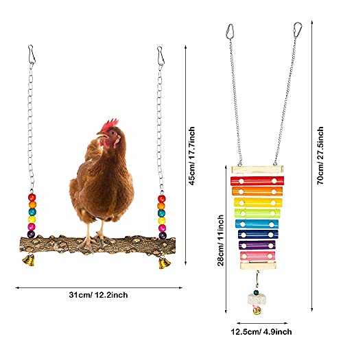 Allazone 5 Stück Hühner Spielzeug, Hühnerschaukel aus natürlichem Holz, Huhn Gemüse Spieß Obsthalter, Aufhängbares Holz Xylophon Spielzeug Henne Hühner Hängendes Spielzeug mit Netzbeutel für Küken