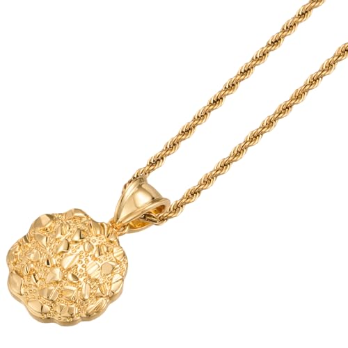 YSQyuesongqing 14k Gold Plated Nugget Necklace Round Charm Coin Pendant Stainless Steel Rope Chain For Women Men Size M-20mm