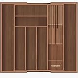 TIOPGHAD Bamboo-Silverware-Drawer-Organizer-Kitchen, Expandable Utensil Holder Cutlery Tray Flatware Organization Adjustable Wood Tableware Dividers Storage (with Removable Knife Block)(Brown)