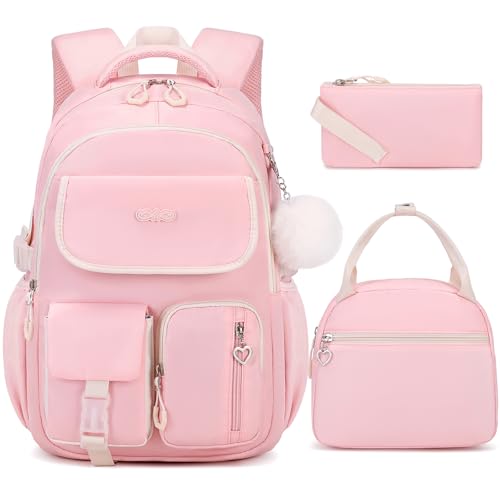 Backpacks for Girls, 3PCS School Backpack with Lunch Box Pencil Pouch for Teen Girls Kids Elementary Primary Middle High College School Bookbag Set （Pink）