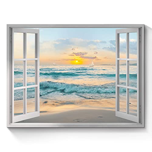 SunFlax Coastal Open Window Canvas Sunset Ocean Wall Art 16"x11"