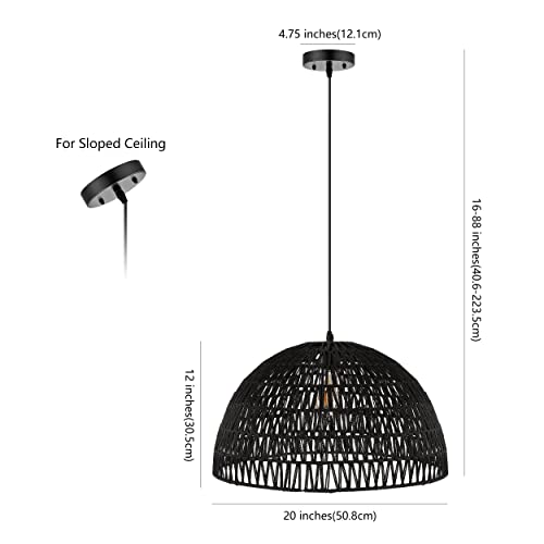 Image of JONATHAN Y 20 inch Black Modern Bohemian Woven Rope LED Pendant Light Fixture, Adjustable Dome Ceiling Lamp for Kitchen Island, Rope Shade, Coastal Farmhouse Decor (JYL6504C)
