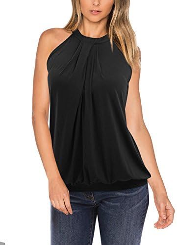 Yesfashion SunnyLady Women Sleeveless Halter Neck Pleated Top Blouse Black L