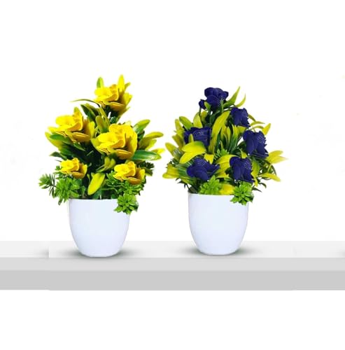 Image of Artificial Flower Plants for Home Decor - Set of 2 Mini Potted Plants (7 Inch) in White Pots | Yellow & Blue Faux Flowers for Living Room, Office, Indoor Outdoor Decoration