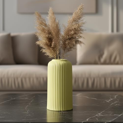 Image of KREATIVE ART'S Modern Ribbed Design Ceramic Flower Vase for Living Room, Flower Pots for Artificial Flower, Home Decoration Item, Home Decor, Vases for Living Room (Yellow, Small)