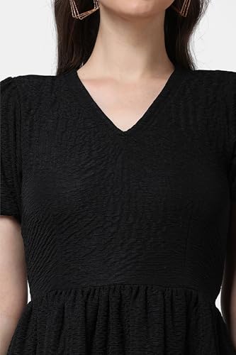 Image of POPWINGS Casual Self Crush Design Solid Knee Length Blouson Peplum Dress for Women || Stylish Summer Dress for Women || Knee-Length Dress for Women || V-Neck Dresses for Women