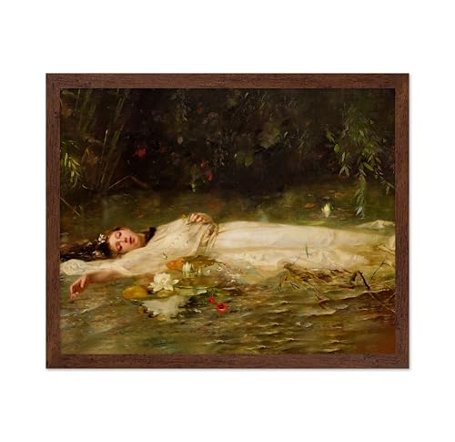 Monem Art Friedrich Wilhelm Theodor Heyser Print - Vintage Ophelia Poster - Fine Art - Floral Landscape Painting - Aesthetic Office, Living Room or Bedroom Decor - 16x20 Brown Framed