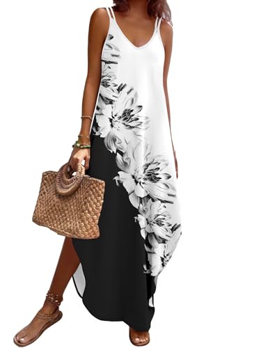 Image of Zeagoo Women's Casual Sundress Summer Maxi Sleeveless V Neck Split Boho Beach Dress Travel Vacation Dress with Pockets
