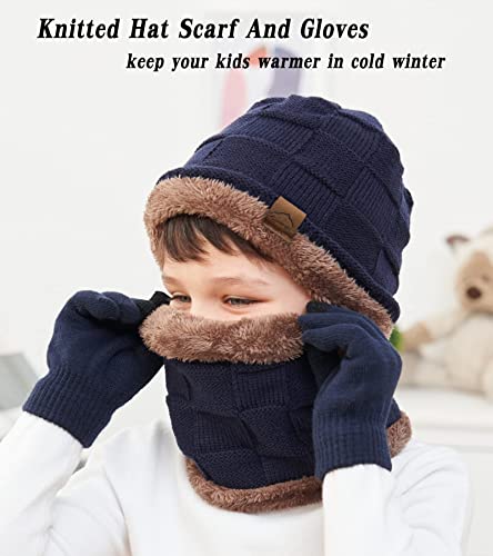 Image of KMOLY Kids Winter Beanie Hat Scarf Touchscreen Gloves Set for Boys Girls 4-15 Years Warm Skull Cap Fleece Lined Knitted Hat