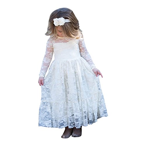 Portsvy Long Sleeve Girls Prom Dress Lace Flower Girl Dress for Weddings