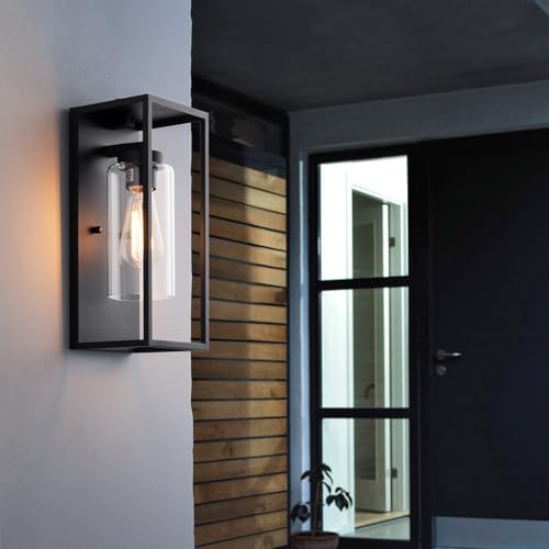 mirrea 14" Dusk to Dawn Outdoor Wall Sconce 1 Light in Cylinder Glass Shade and Matte Black Rectangular Metal Frame Waterproof Porch Light Patio Light Pack of 2 by mirrea - Used condition - Image 9