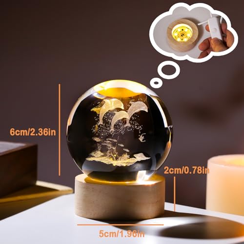Arikyrist Crystal 3D Dolphins 2.36In Ball Figurine Gifts For Women, Glass Animal Art For Room With Wooden Light Base Keepsakes For Dolphin Lovers Home Decor Paperweight thumb #1