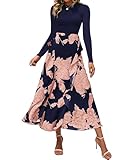 BTFBM Womens Floral Maxi Dress Fall 2025 Casual Crewneck Long Sleeve Ruffle Flowy Cocktail Wedding Guest Dresses(Pink Floral Navy, XX-Large)
