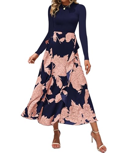 Image of BTFBM Womens Floral Maxi Dress Fall 2025 Casual Crewneck Long Sleeve Ruffle Flowy Cocktail Wedding Guest Dresses