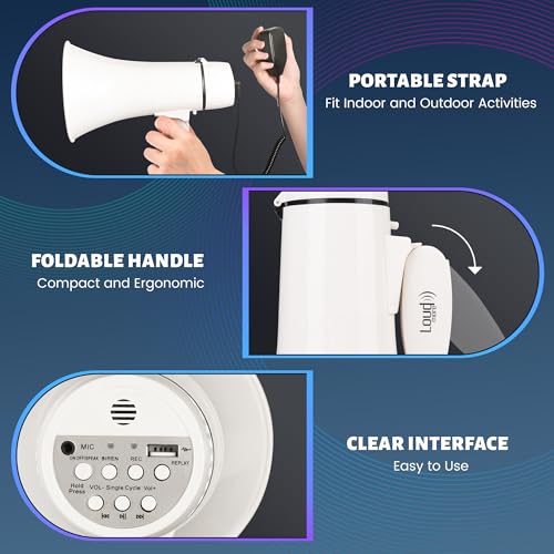 Loudmore Portable Megaphone Bullhorn 35 Watt Power Megaphone Speaker with Siren/Alarm Modes, 240S Recording, Detachable Handheld Microphone, Volume Control and Strap (White)