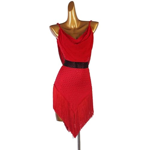 Vestido De Baile De Competición Latino Para Mujer Con Tirantes Trajes De Baile De Salón Con Cuello En V Falda De Salsa De Vals Con Borlas De Gama Alta Disfraces De Actuación Cha Cha Sin Espalda,Rojo,L Cover