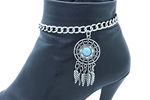 Trendyfashionjewelry Tfj Women Boot Bracelet Western Silver Metal Chain Shoe Ethnic Bling Feather Charm Anklet Turquoise Blue #TOP2