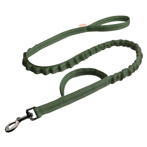 FOVRLZSE Reflective Bungee Dog Leash for Small Medium Large Dogs - 4FT to 5FT Adjustable Shock Absorbing Leash with Double Padded Handle & 360 No Tangle Metal Clasp (Olive Green)