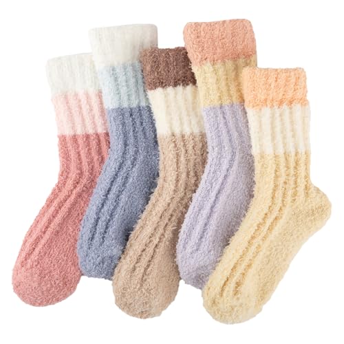 COOVAN Womens Fuzzy Socks Cozy fluffy Slipper Soft Winter Warm Microfiber Sleeping Plush Sock 5 pairs
