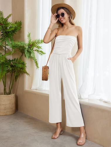 Grace Karin Women's Casual Summer Off Shoulder Flowy Soild Tube Top Long Romper Jumpsuits With Pockets White Xxl #TOP5