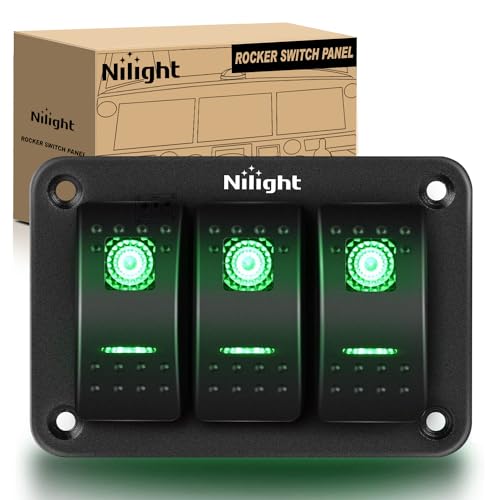 Image of Nilight 3 Gang Rocker Switch Panel SPST On Off Toggle with DIY Label Sticker | 5PIN Electrical 12V /20A 24V /10A Aluminum Plate with Pre-Wired Jumper Wires for LED Light Bar RV Boats 4X4 Cars Green