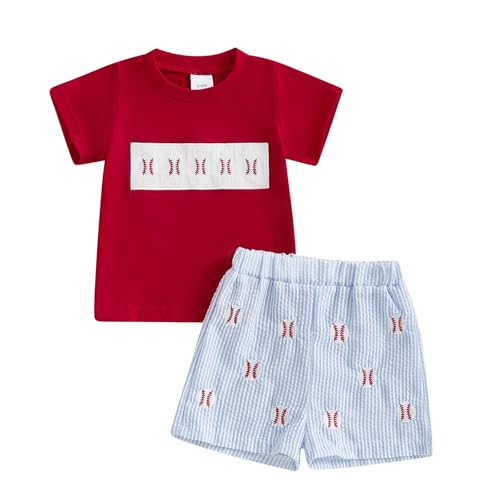 Gaono Toddler Baby Boy Baseball Outfits Embroidery Short Sleeve T-Shirt Plaid Shorts Set 2 Piece Summer Clothes (Deep Red, 6-12 Months)