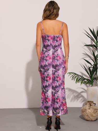 Image of Allegra K Women Wedding Guest Mesh Floral Spaghetti Strap Dress | Maxi. Sleeveless design with fishtail hem. Suitable for club, party, cocktail, homecoming.