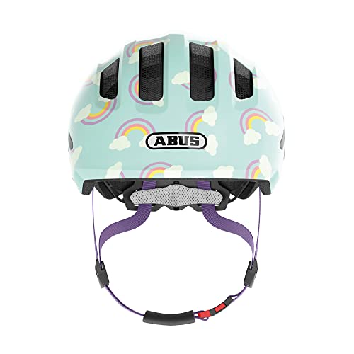 ABUS Kask dzieci?cy Smiley 3.0 LED – kask rowerowy ze ?wiat?em – g??bokie dopasowanie i miejsce na warkocz – dla dziewcz?t i ch?opców – jasnoniebieski z t?czowym wzorem, rozmiar M