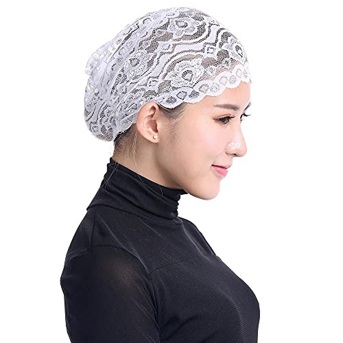 LIXIAO Women Breathable Lace Turban Hat Muslim Stretch Head Scarf Wrap Cap Beanie Pre-Tied Bonnet Chemo Cap Hair Loss Hat A1- White -  LIXIAO Hats - 067