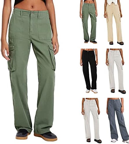 Gumipy Women Adjustable Straight Fit Cargo Pants High Waist Baggy Cargo Pants with Flap Pocket Casual Relaxed Fit Wide Leg Pants Plus Size Parachute Pants Loose Trousers Lightweight Hiking Pants
