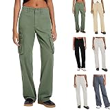 Women Adjustable Straight Fit Cargo Pants High Waist Baggy Cargo Pants with Flap Pocket Casual Relax
