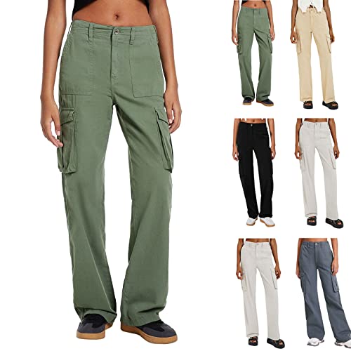 Gumipy Women Adjustable Straight Fit Cargo Pants High Waist Baggy Cargo Pants With Flap Pocket Casual Relaxed Fit Wide Leg Pants Plus Size Parachute Pants Loose Trousers Lightweight Hiking Pants #TOP4