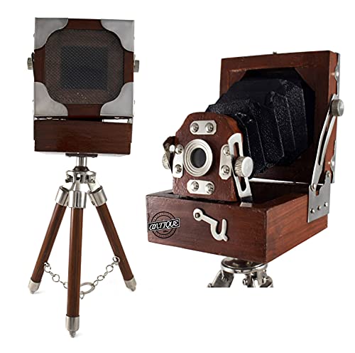 Vintage Style Photography Camera, Wooden Tripod Stand, Table Top Collectible