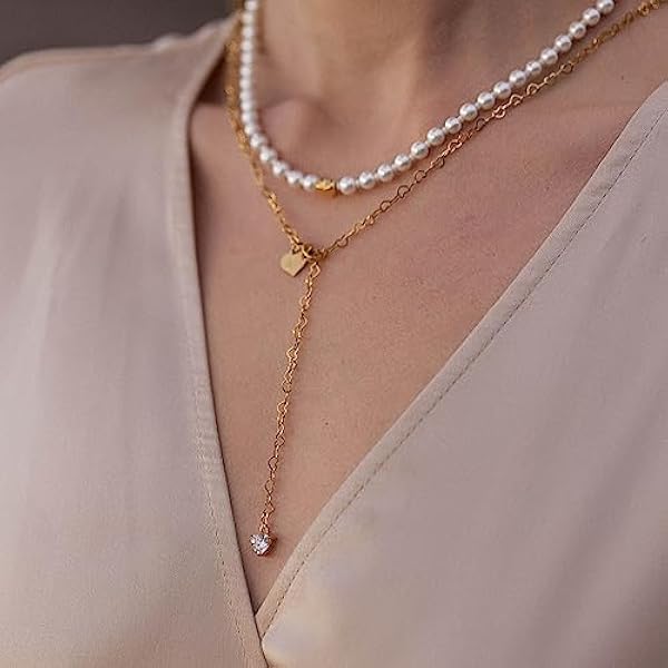 Purelei® Endless Love-kedja (guld, silver, roséguld), vattentätt Y-halsband för kvinnor med hjärthänge av ädelsten, kedja av rostfritt stål, gåva för kvinnor, 60 cm längd justerbar