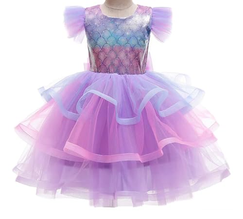 Girl Purple Mermaid Summer Dress Cute Ruffle Sleeve Dress Casual Clothing Set Birthday Party Halloween Outfit Playwear2
