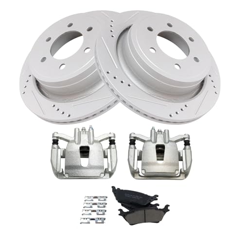 Image of TRQ Rear Performance Brake Pad, Caliper, & Rotor Kit Ceramic Premium G-Coated Compatible with 2012-2016 Ford F-150
