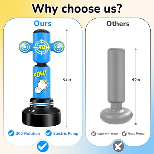 360°Rotatable Punching Bag for Kids, 63 Inch Kids Boxing Bag with Gloves and Electric Air Pump, Bop Bag Inflatable Punching Toy, Karate Gifts for Boys,Girls (Blue) by JUOIFIP - Image 4