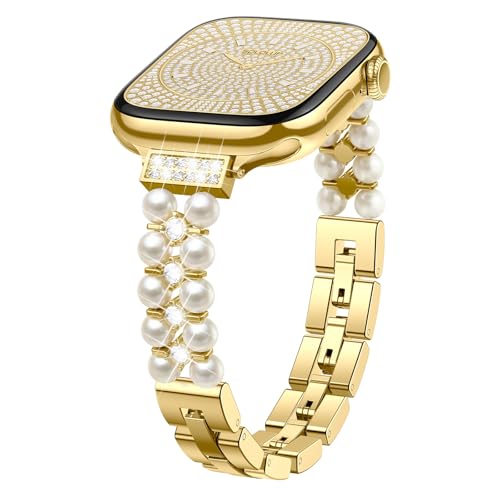 SOLOLUP Schmal Perlen Metall Armband für Apple Watch Armband SE 3/2 40mm 41mm 42mm 38mm Damen Dünn Elegant Schmuckarmband Verstellbare Beaded Bracelet Band für iWatch Series 11 10 9 8 7 6 5 4 3 Gold