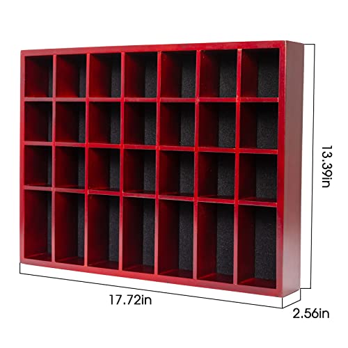 Shot Glass Display Case 18" x13" Solid Wood Wall Mounted Collection Cabinet 28 Slots Small Curio Cabinet Rack (No Door) Mahogany