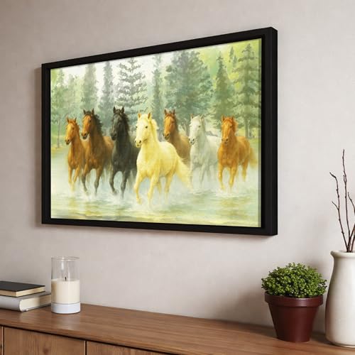 Image of 7 Running Horses Vastu Framed Wall Art Painting For Living Room| Green Forest Seven Horse Horse Painting With Frame Symbol of Growth & Positive Energy Wall Art for Living Room & Office, 17x23 Inch