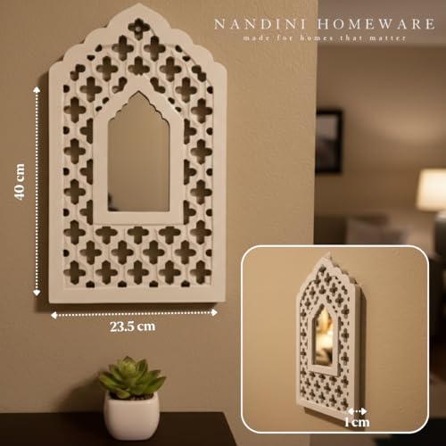 Image of Handcrafted Traditional White Mughal MDF Wooden Mirror Jharokha Wall Art | Mughal-Inspired Boho Style Decorative Wall Hanging (White Mughal)