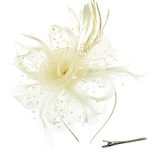 Image of DRESHOW Fascinators Hat Flower Mesh Ribbons Feathers on a Headband and a Clip Tea Party Headwear for Girls and Women