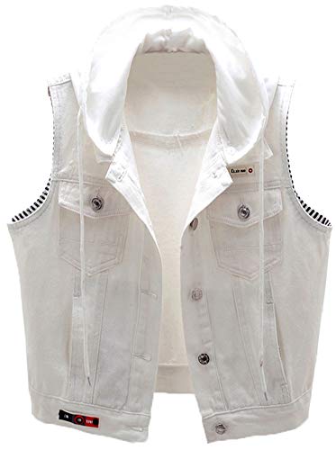 Kedera Women's Detachable Hoodie Denim Vest Button Up Waistcoat Distressed Jacket (White, Medium)