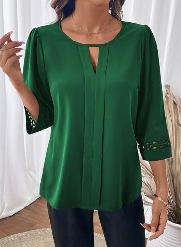Dokotoo Dark Green Tops for Women Trendy 2025 Dressy Casual Blouse Crew Neck 3/4 Sleeve Shirts Hollow Out Lace Tops Blouses Business Casual Outfits Medium — view 4
