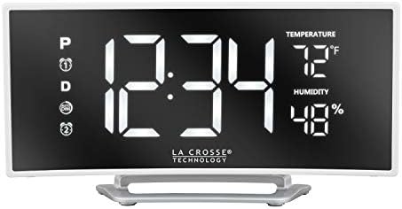 La Crosse Technology 602-249 Curved Mirror LED Alarm Clock with Temperature & Humidity and USB, 6.74" L x 1.52" W x 3.43" H, White