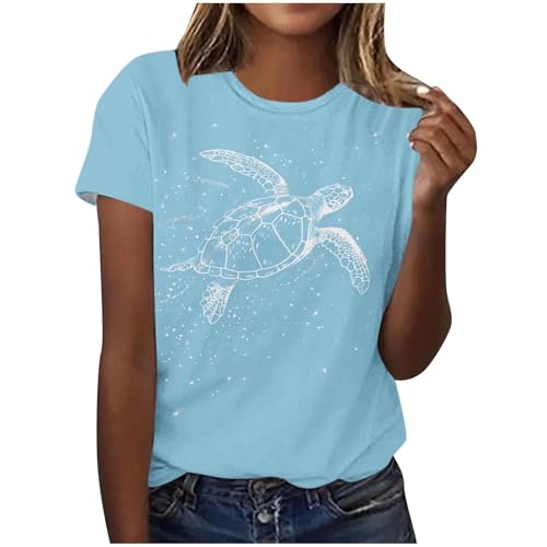 Sea Turtle Shirts Women Ocrean Creature Tshirts Hawaiian Beach Life Graphic Tee Wildlife Animal Print Vacation Tops Light Blue