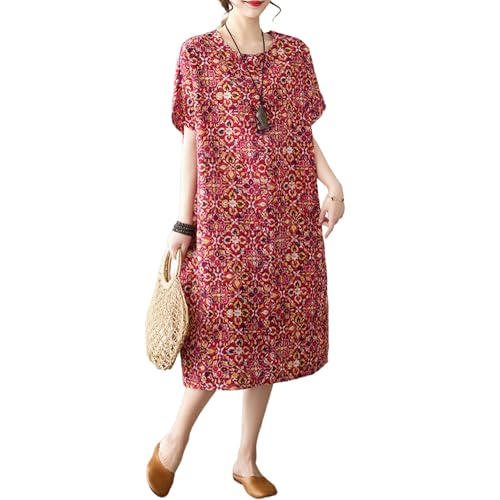 Image of LUZU JUNU Women's Summer Baggy Plus Size Loose Cotton Linen Long Boho Beach Dress with Pockets